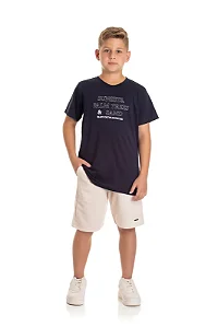 Conjunto Juvenil com Camiseta Azul Marinho e Bermuda em Moletinho com Linho Cru Adulteens