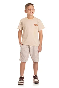 Conjunto Juvenil Masculino com Camiseta Manga Curta Bege e Bermuda em Moletinho Cru com Listras em Marrom Adulteens
