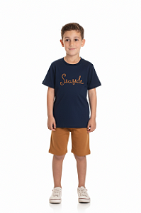 Conjunto Infantil Masculino com Camiseta Manga Curta Azul Marinho com Bermuda Caramelo Baby Vest