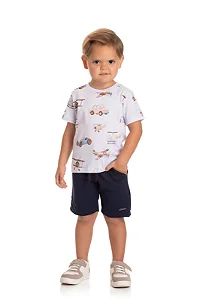 Conjunto Infantil Masculino com Camiseta Branca Estampa Carrinhos e Bermuda em Moletinho Azul Marinho Baby Vest