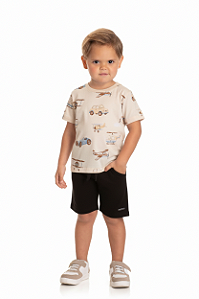 Conjunto Infantil Masculino com Camiseta Bege Estampa Carrinhos e Bermuda em Moletinho Preta Baby Vest