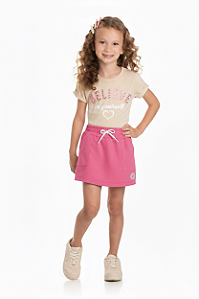 Conjunto Infantil Feminino com Camiseta Bege com Strass e Short Saia Pink Baby Vest