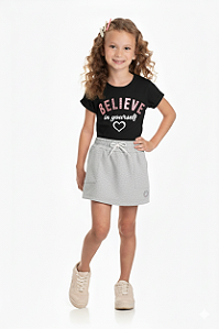 Conjunto Infantil Feminino com Camiseta Preta com Strass e Short Saia Cinza Mescla Baby Vest