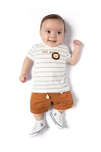Conjunto para Bebê Menino com Camiseta Listrada com Leão Bordado e Short em Moletinho Caramelo TMX