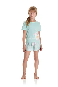 Pijama Infantil Feminino Estampa Ovelhinha com Camiseta Verde e Short Listrado Brilha no Escuro TMX