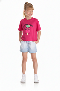 Conjunto Infantil Feminino com Camiseta Pink Oversized Estampa Morango e Short Jeans TMX