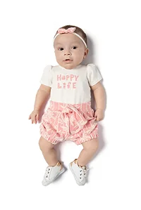 Conjunto para Bebê Menina com Body Manga Curta Offwhite com Strass e Short Rosa com Estampa Coqueiros TMX