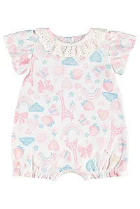 Macaquinho Manga Curta para Bebê Menina com Estampa Rosa e Azul com Gola em Laise Bordada Up Baby