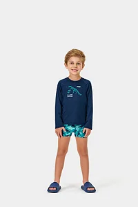 Conjunto Infantil para Praia com Camiseta Manga Longa UV e Sunga Estampa Dinossauro Marinho e Verde Kiko e Kika