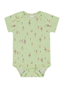 Body para Bebê Manga Curta Verde em Suedine Estampada com Coelhinhos Up Baby