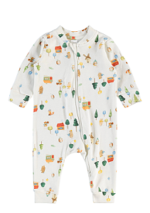 Macacão Manga Longa com Zíper para Bebê em Suedine Offwhite Estampa Bichinhos na Floresta Up Baby