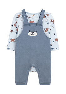 Conjunto Jardineira com Body Manga Longa Ursinhos Azul Kiko Baby