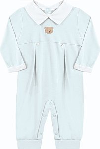 Macacão Longo para Bebê Menino Azul Claro com Bordado de Ursinho Kiko Baby