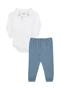 Conjunto para Bebê Menino com Body Branco Bordado Ursinho na Gola e Calça Azul em Suedine Kiko Baby