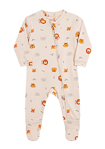 Macacão Longo para Bebê Menino Bege com Zíper Estampado com Bichinhos Kiko Baby