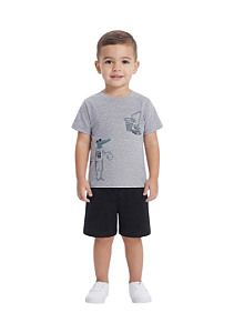 Conjunto Infantil Masculino com Camiseta Cinza Mescla e Bermuda em Moletinho Preta TMX