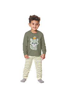 Pijama Longo para Menino com Blusa Verde Raposinha e Calça Listrada Kiko e Kika