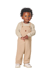 Conjunto para Bebê com Jardineira Longa Bege e Camiseta Manga Longa Kiko e Kika