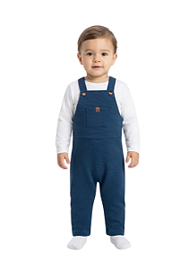 Conjunto para Bebê com Jardineira Longa Azul Marinho e Camiseta Manga Longa Kiko e Kika