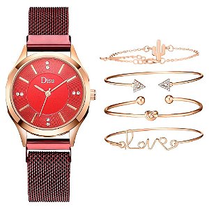 Kit relógio bracelete feminino dourado vermelho cravejado Disu