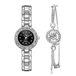 Kit relógio bracelete feminino prata preto cravejado Lvpai