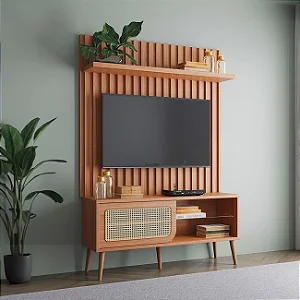 Rack com Painel para TV 139cm Até 55 Polegadas 1 Porta com Palha Natural e Ripado
