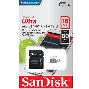 CARTAO DE MEMORIA SANDISK MICRO SDHC 16GB CLASSE 10 C/ ADAPTADOR