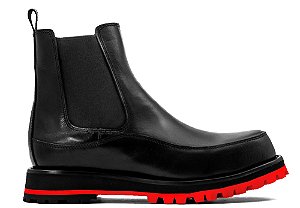 Bota Chelsea Couro Preto Solado Tratorado Vermelho Barcelona Design