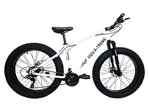 FAT BIKE ARO 26 VIZU X-TREME BRANCO CÂMBIO SHIMANO 21 MARCHAS SUSPENSÃO INVERTIDA