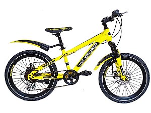 BICICLETA INFANTIL ARO 20 VIZU MOVE AMARELA FREIO A DISCO E SUSPENSÃO DIANTEIRA SHIMANO 6v