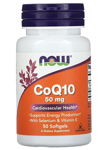 Coenzima CoQ10, NOW FOODS, 50mg + Selênio + Vitamina E, 50 Cápsulas em gel
