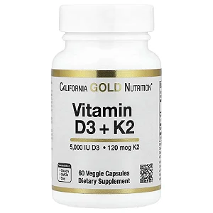 Vitamina D3 5,000UI + K2 mk7 120mcg, California Gold Nutrition, 60 Cápsulas Veganas