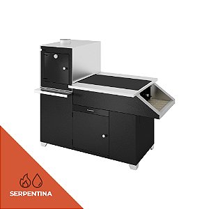 Fogão a Lenha Brasil / Chapa Vitrocerâmica / Preto com Inox / Esquerdo / Serpentina