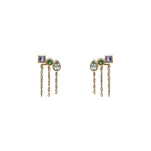 Brinco Avant Trio Corrente em Ouro 18K e Pedras Coloridas