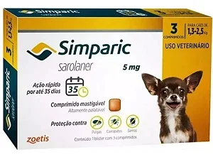 Simparic 5mg Zoetis Antipulgas e Carrapatos para Cães de 1,3 a 2,5kg com 3 Comprimidos
