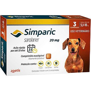 Antipulgas e Carrapatos Simparic 20mg - 5,1 a 10 Kg 3 Comprimidos