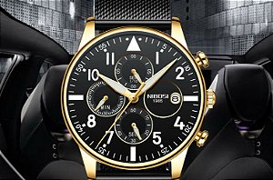 Relógio Masculino Analogico Dourado De Luxo Pulseira Preta