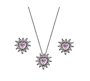 CONJUNTO CORAÇÃO EM ZIRCÔNIA KUNZITA BANHADO A RÓDIO NEGRO