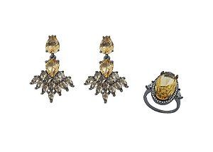 CONJUNTO DE BRINCOS E ANEL COM PEDRA TOPÁZIO IMPERIAL BANHADO A RÓDIO NEGRO