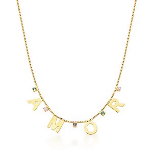 COLAR "AMOR" COM PONTOS DE ZIRCÔNIAS COLORIDAS BANHADO A OURO