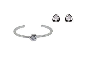 CONJUNTO DE BRINCOS E BRACELETE COM PEDRA TRIANGULAR BANHADO A RÓDIO BRANCO