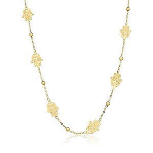 COLAR LONGO COM PINGENTES MÃO DE FÁTIMA BANHADO A OURO