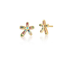 BRINCO FLOR COM CRAVAÇÃO COLORIDA BANHADA A OURO