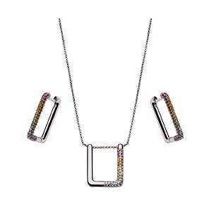 CONJUNTO RETANGULAR COM CRAVAÇÃO LATERAL COLORIDA BANHADO A RÓDIO