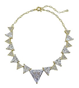 COLAR LUXO TRIÂNGULOS EM ZIRCÔNIAS CRISTAIS BANHADO A OURO