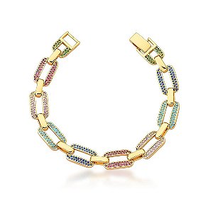 PULSEIRA ELOS RETANGULARES COM CRAVAÇÃO COLORIDA BANHADA A OURO