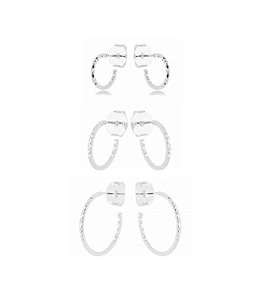 TRIO DE ARGOLAS TRABALHADAS LISAS BANHADO A RÓDIO BRANCO