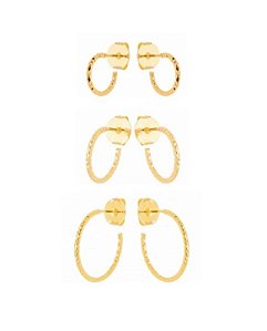 TRIO DE ARGOLAS TRABALHADAS LISAS BANHADO A OURO