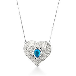COLAR CORAÇÃO COM CENTRO AZUL E CRAVAÇÃO LATERAL CRISTAL BANHADO A RÓDIO