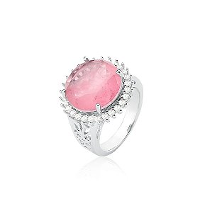 ANEL COM PEDRA REDONDA LIGHT PINK FUSION BANHADO A RÓDIO